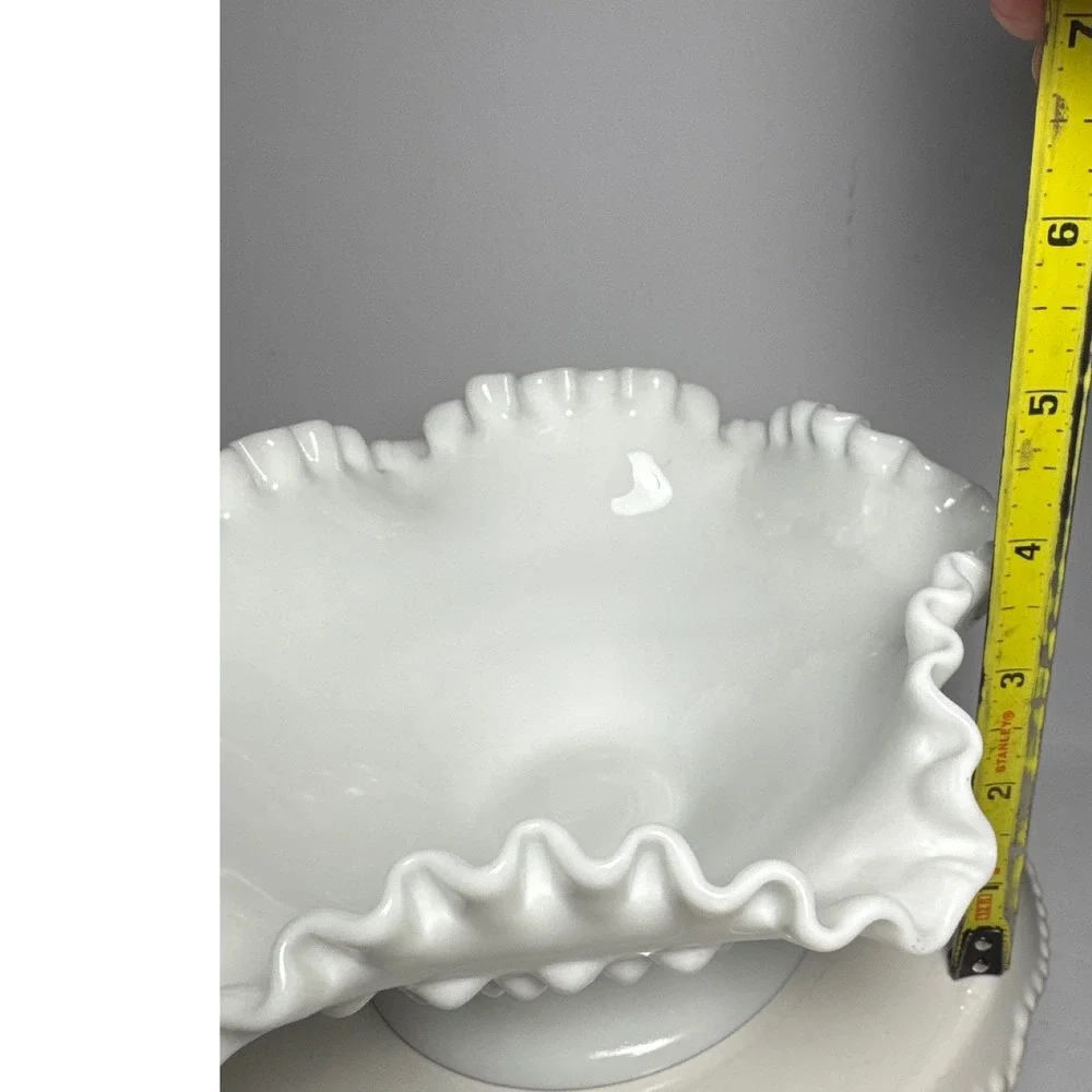 Vintage White Milk Glass Ruffled Pedestal Bowl / Compote – Hobnail Detail